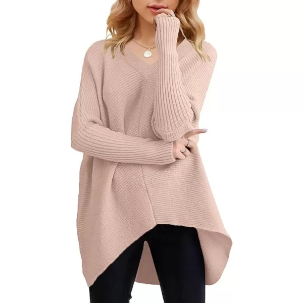 imageANRABESS Womens V Neck Oversized Long Batwing Sleeve Asymmetric Hem Casual Pullover Sweater Knit TopsPink