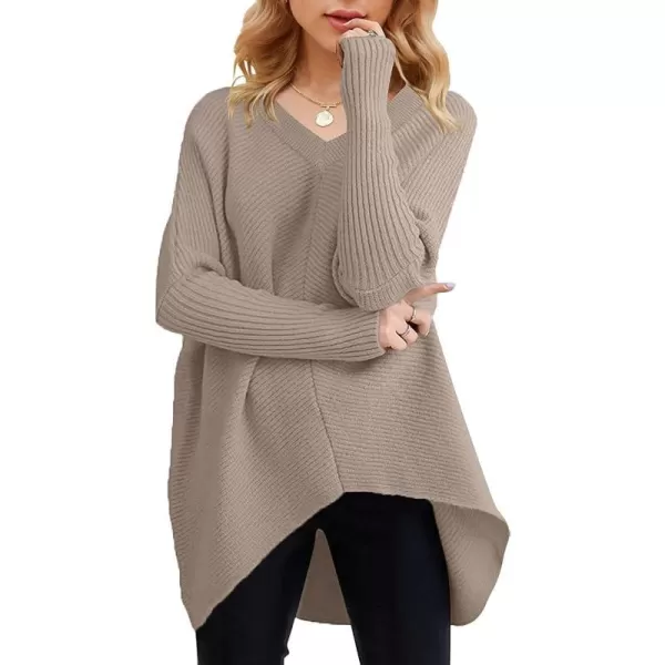 imageANRABESS Womens V Neck Oversized Long Batwing Sleeve Asymmetric Hem Casual Pullover Sweater Knit TopsPink Apricot