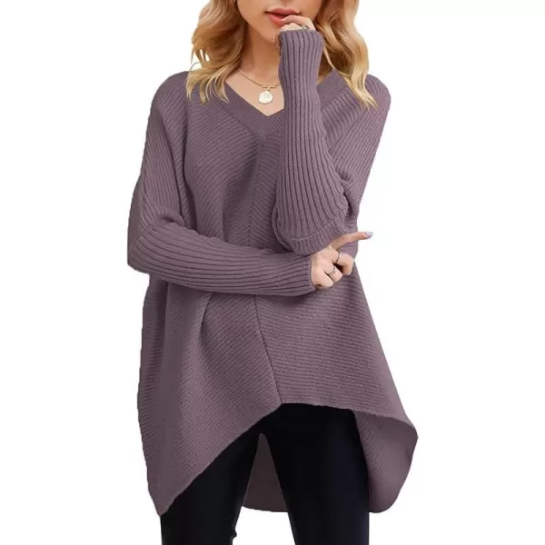 imageANRABESS Womens V Neck Oversized Long Batwing Sleeve Asymmetric Hem Casual Pullover Sweater Knit TopsPurple