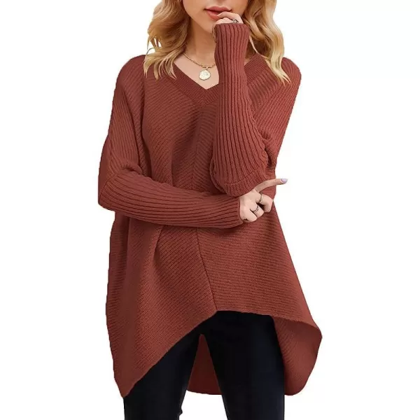 imageANRABESS Womens V Neck Oversized Long Batwing Sleeve Asymmetric Hem Casual Pullover Sweater Knit TopsRust