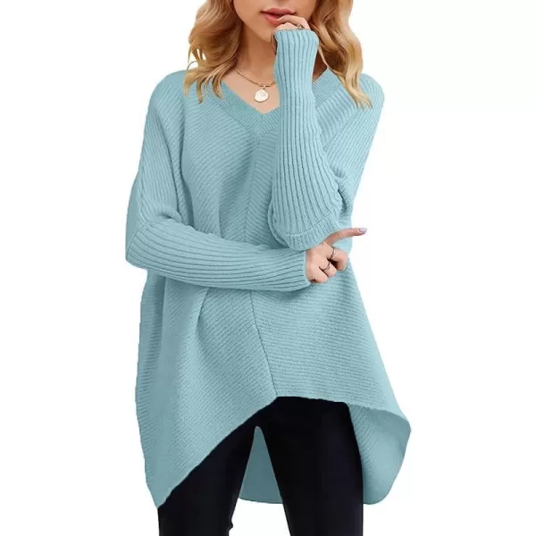 imageANRABESS Womens V Neck Oversized Long Batwing Sleeve Asymmetric Hem Casual Pullover Sweater Knit TopsSky
