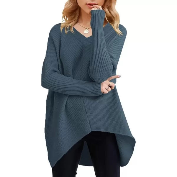 imageANRABESS Womens V Neck Oversized Long Batwing Sleeve Asymmetric Hem Casual Pullover Sweater Knit TopsTeal