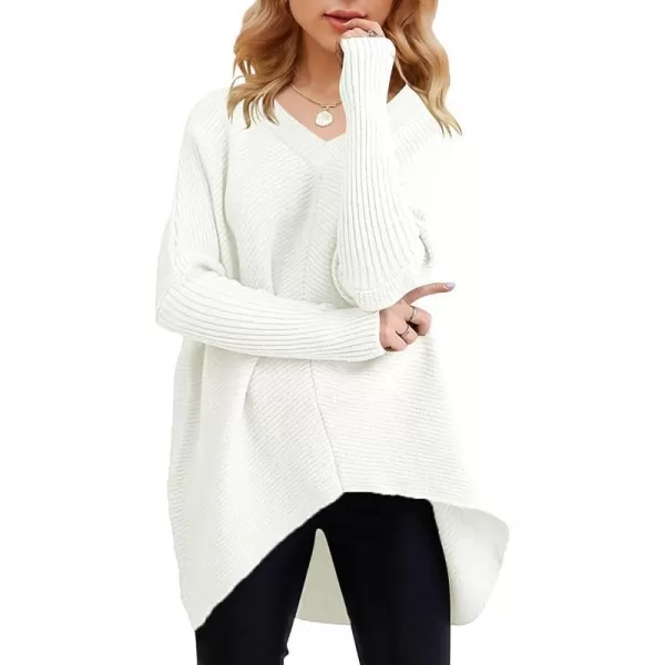 imageANRABESS Womens V Neck Oversized Long Batwing Sleeve Asymmetric Hem Casual Pullover Sweater Knit TopsWhite