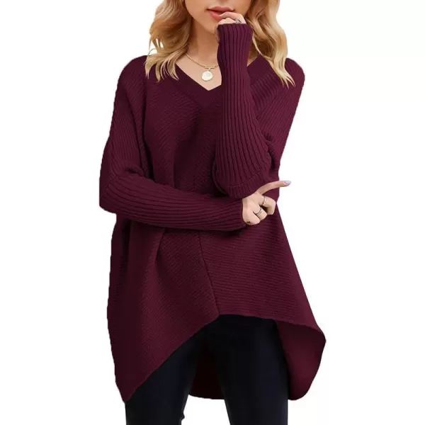 imageANRABESS Womens V Neck Oversized Long Batwing Sleeve Asymmetric Hem Casual Pullover Sweater Knit TopsWine Red