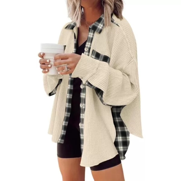 imageANRABESS Womens Waffle Knit Plaid Shacket Boyfriend Button Down Shirt Jacket Loose Long Sleeve TopsA Apricot