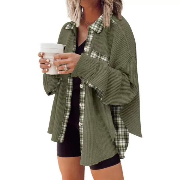 imageANRABESS Womens Waffle Knit Plaid Shacket Boyfriend Button Down Shirt Jacket Loose Long Sleeve TopsA Army Green