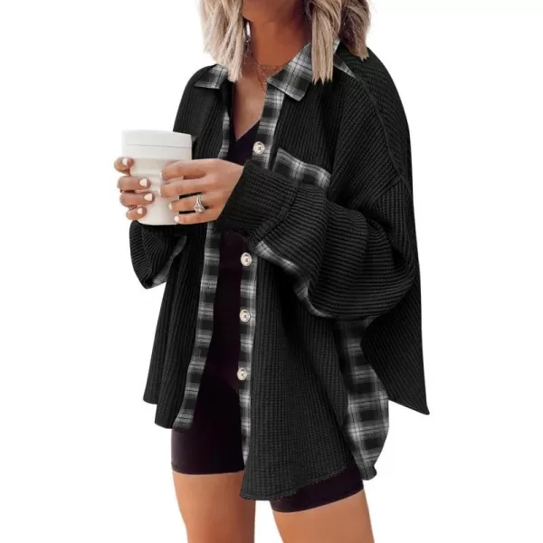 imageANRABESS Womens Waffle Knit Plaid Shacket Boyfriend Button Down Shirt Jacket Loose Long Sleeve TopsA Black
