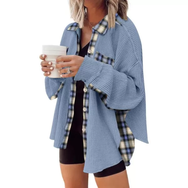 imageANRABESS Womens Waffle Knit Plaid Shacket Boyfriend Button Down Shirt Jacket Loose Long Sleeve TopsA Blue