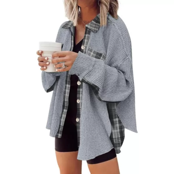 imageANRABESS Womens Waffle Knit Plaid Shacket Boyfriend Button Down Shirt Jacket Loose Long Sleeve TopsA Gray