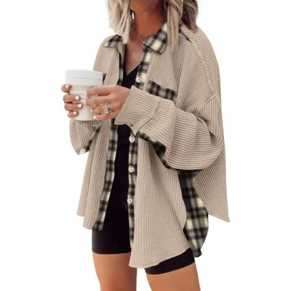 imageANRABESS Womens Waffle Knit Plaid Shacket Boyfriend Button Down Shirt Jacket Loose Long Sleeve TopsA Light Brown