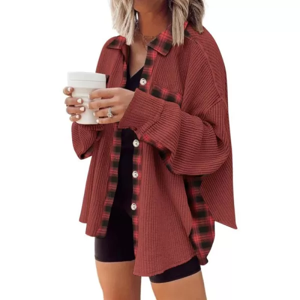 imageANRABESS Womens Waffle Knit Plaid Shacket Boyfriend Button Down Shirt Jacket Loose Long Sleeve TopsA Rust