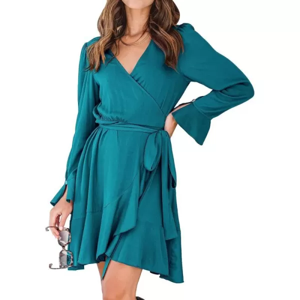 imageANRABESS Womens Wrap Dress V Neck Long Sleeve Ruffle Short Dresses with BeltCyan Blue