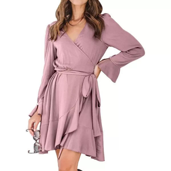 imageANRABESS Womens Wrap Dress V Neck Long Sleeve Ruffle Short Dresses with BeltPink