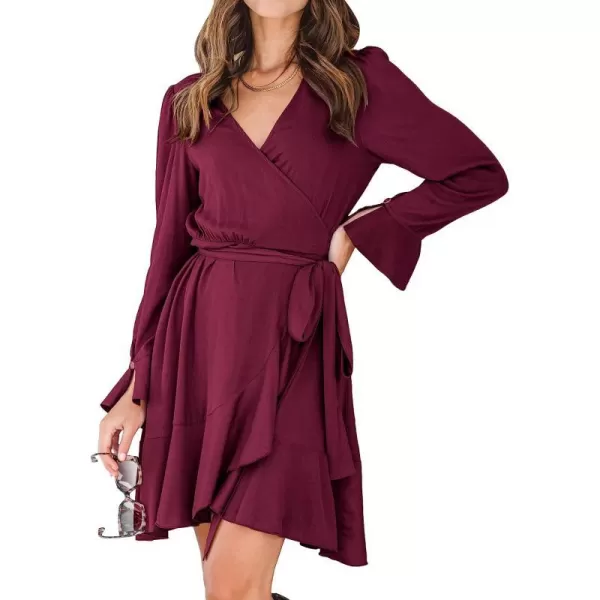 imageANRABESS Womens Wrap Dress V Neck Long Sleeve Ruffle Short Dresses with BeltRed