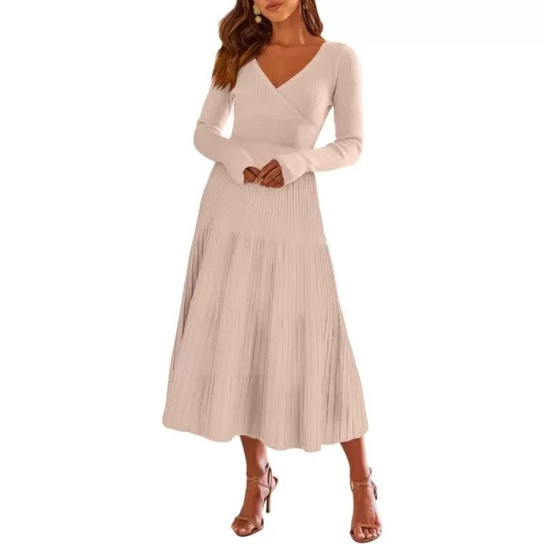 imageANRABESS Womens Wrap Midi Sweater Dresses Long Sleeve V Neck High Waist Ribbed Knit Pleated ALine DressAlmond
