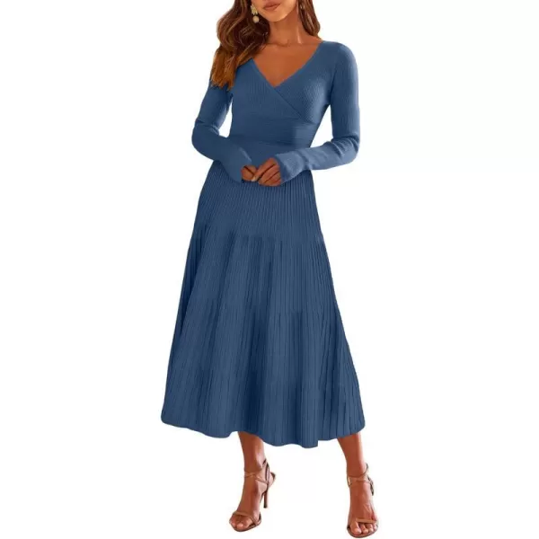 imageANRABESS Womens Wrap Midi Sweater Dresses Long Sleeve V Neck High Waist Ribbed Knit Pleated ALine DressBlue