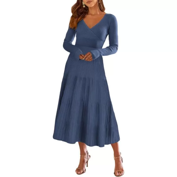 imageANRABESS Womens Wrap Midi Sweater Dresses Long Sleeve V Neck High Waist Ribbed Knit Pleated ALine DressDeep Blue