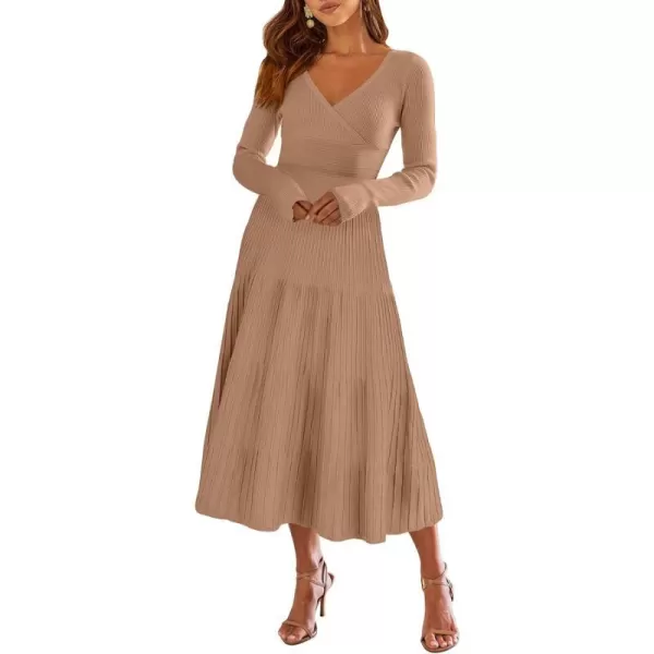 imageANRABESS Womens Wrap Midi Sweater Dresses Long Sleeve V Neck High Waist Ribbed Knit Pleated ALine DressLight Camel