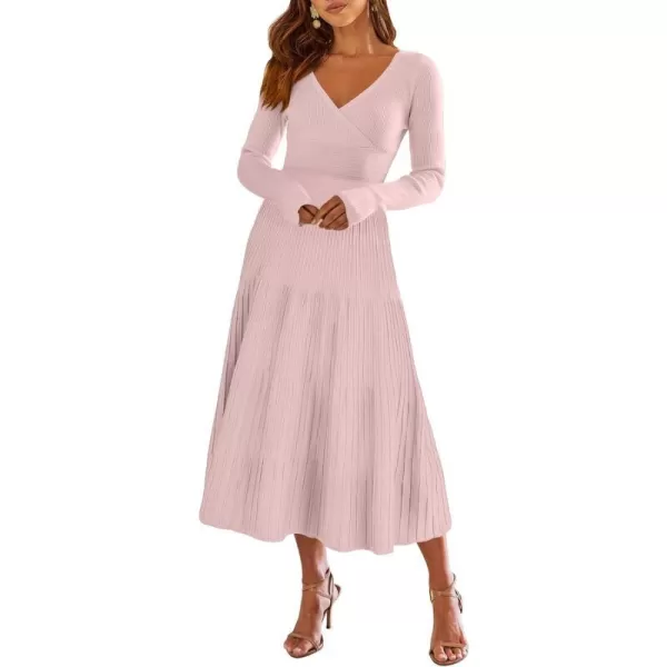 imageANRABESS Womens Wrap Midi Sweater Dresses Long Sleeve V Neck High Waist Ribbed Knit Pleated ALine DressLight Pink