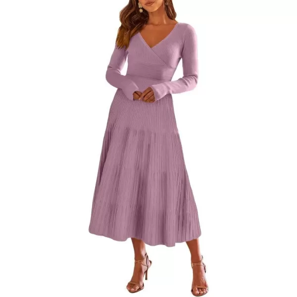 imageANRABESS Womens Wrap Midi Sweater Dresses Long Sleeve V Neck High Waist Ribbed Knit Pleated ALine DressPurple