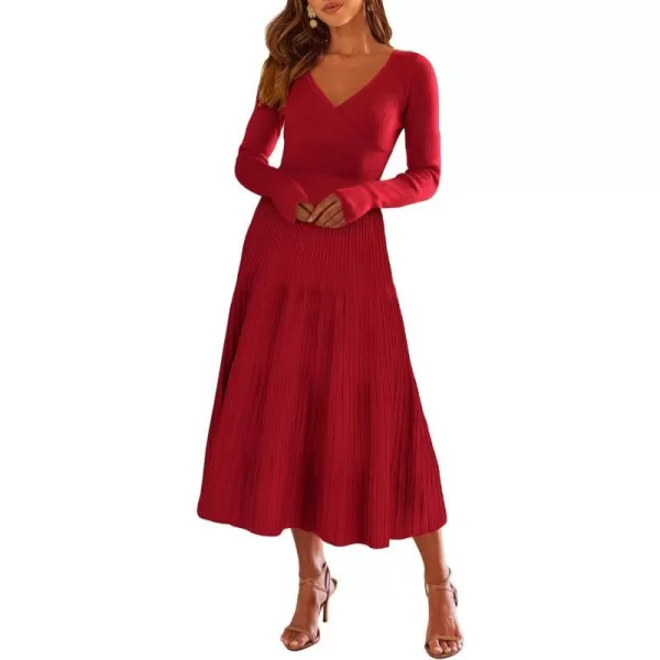 imageANRABESS Womens Wrap Midi Sweater Dresses Long Sleeve V Neck High Waist Ribbed Knit Pleated ALine DressRed