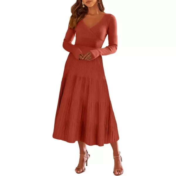 imageANRABESS Womens Wrap Midi Sweater Dresses Long Sleeve V Neck High Waist Ribbed Knit Pleated ALine DressRust Red