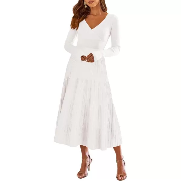 imageANRABESS Womens Wrap Midi Sweater Dresses Long Sleeve V Neck High Waist Ribbed Knit Pleated ALine DressWhite