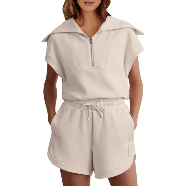 imageANRABESSnbspWomennbsp2 Piece OutfitsnbspSweatsuit HalfnbspZip LapelnbspCollarnbspShortnbspSleeve Tops Sweat Shorts LoungenbspSets TracksuitApricot