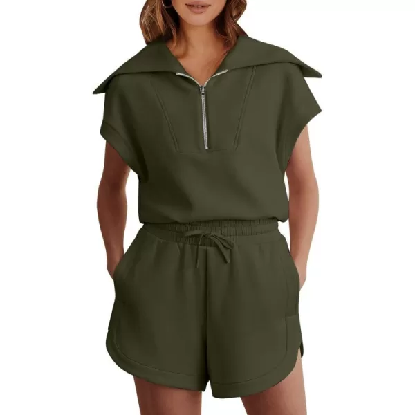 imageANRABESSnbspWomennbsp2 Piece OutfitsnbspSweatsuit HalfnbspZip LapelnbspCollarnbspShortnbspSleeve Tops Sweat Shorts LoungenbspSets TracksuitArmy Green