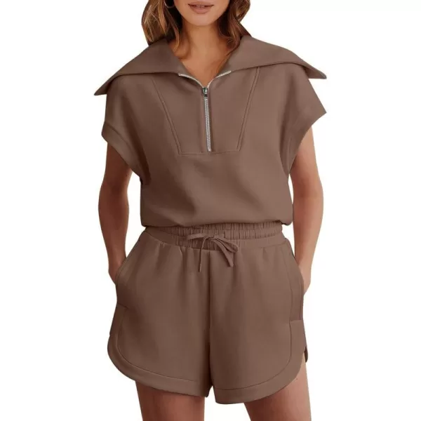 imageANRABESSnbspWomennbsp2 Piece OutfitsnbspSweatsuit HalfnbspZip LapelnbspCollarnbspShortnbspSleeve Tops Sweat Shorts LoungenbspSets TracksuitBrown
