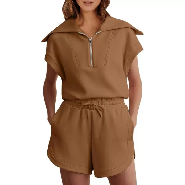imageANRABESSnbspWomennbsp2 Piece OutfitsnbspSweatsuit HalfnbspZip LapelnbspCollarnbspShortnbspSleeve Tops Sweat Shorts LoungenbspSets TracksuitDeep Camel