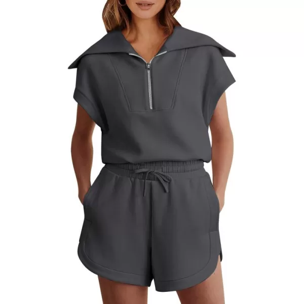 imageANRABESSnbspWomennbsp2 Piece OutfitsnbspSweatsuit HalfnbspZip LapelnbspCollarnbspShortnbspSleeve Tops Sweat Shorts LoungenbspSets TracksuitDeep Grey