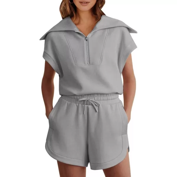 imageANRABESSnbspWomennbsp2 Piece OutfitsnbspSweatsuit HalfnbspZip LapelnbspCollarnbspShortnbspSleeve Tops Sweat Shorts LoungenbspSets TracksuitLight Grey