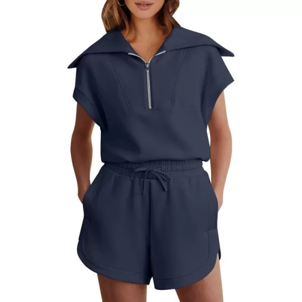 imageANRABESSnbspWomennbsp2 Piece OutfitsnbspSweatsuit HalfnbspZip LapelnbspCollarnbspShortnbspSleeve Tops Sweat Shorts LoungenbspSets TracksuitNavy Blue