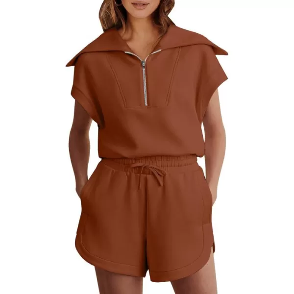 imageANRABESSnbspWomennbsp2 Piece OutfitsnbspSweatsuit HalfnbspZip LapelnbspCollarnbspShortnbspSleeve Tops Sweat Shorts LoungenbspSets TracksuitRust