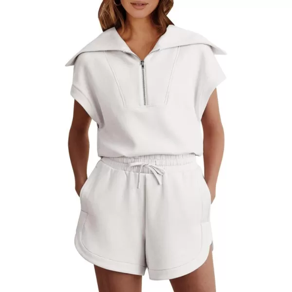 imageANRABESSnbspWomennbsp2 Piece OutfitsnbspSweatsuit HalfnbspZip LapelnbspCollarnbspShortnbspSleeve Tops Sweat Shorts LoungenbspSets TracksuitWhite