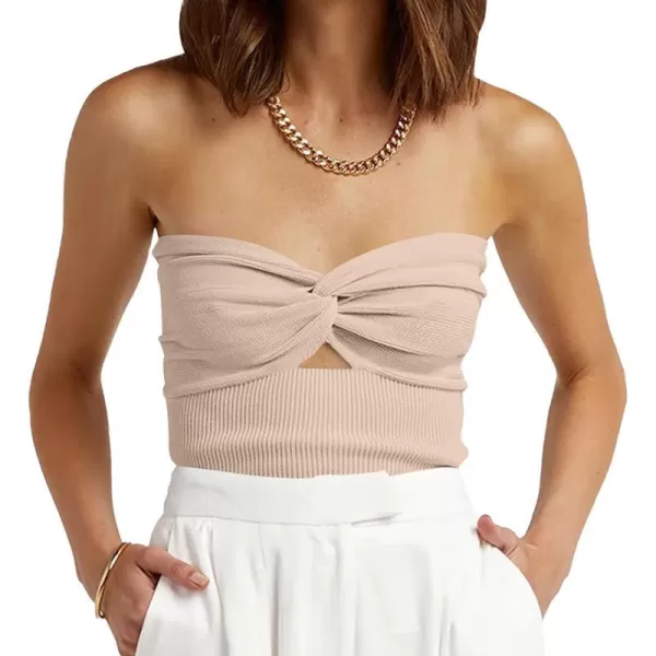 imageWomen Strapless Crop Tube Top Sexy Ribbed Knit Cutout Twisted Knot Front Sleeveless Y2K Corset Tanks TopApricot