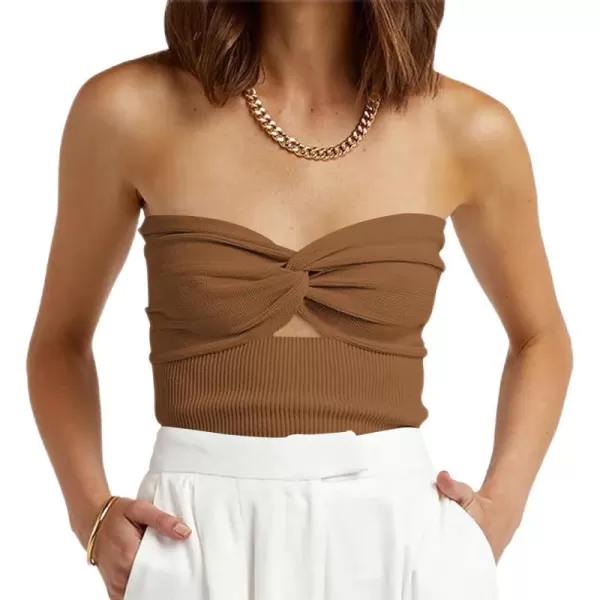 imageWomen Strapless Crop Tube Top Sexy Ribbed Knit Cutout Twisted Knot Front Sleeveless Y2K Corset Tanks TopCaramel