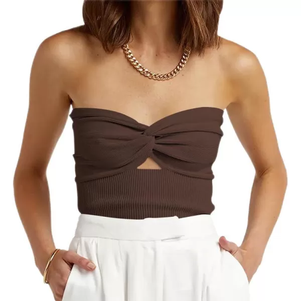 imageWomen Strapless Crop Tube Top Sexy Ribbed Knit Cutout Twisted Knot Front Sleeveless Y2K Corset Tanks TopCoffee