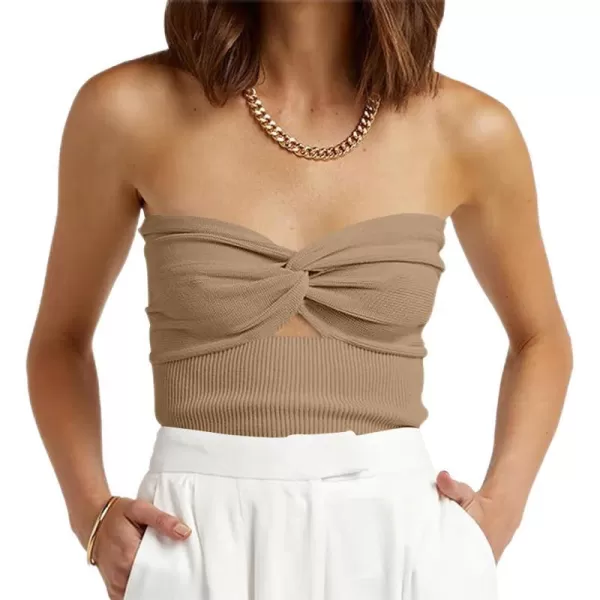 imageWomen Strapless Crop Tube Top Sexy Ribbed Knit Cutout Twisted Knot Front Sleeveless Y2K Corset Tanks TopKhaki