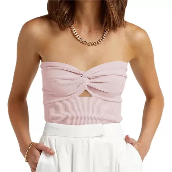 imageWomen Strapless Crop Tube Top Sexy Ribbed Knit Cutout Twisted Knot Front Sleeveless Y2K Corset Tanks TopPink