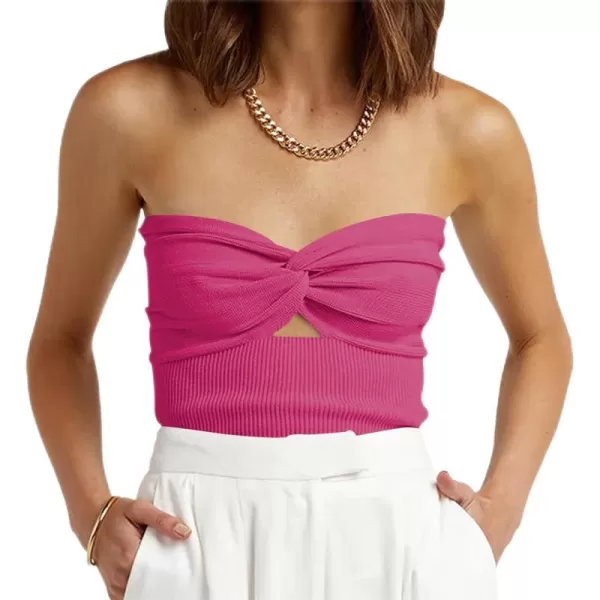 imageWomen Strapless Crop Tube Top Sexy Ribbed Knit Cutout Twisted Knot Front Sleeveless Y2K Corset Tanks TopRose