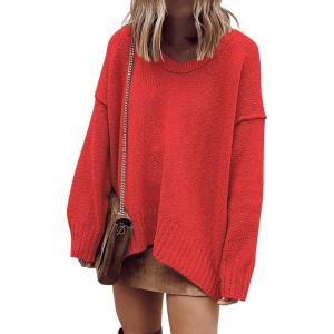 imageANRABESS Womens Oversized Casual Loose Slouchy Scoop V Neck Batwing Long Sleeve Knit 2025 Fall Pullover SweatersRed