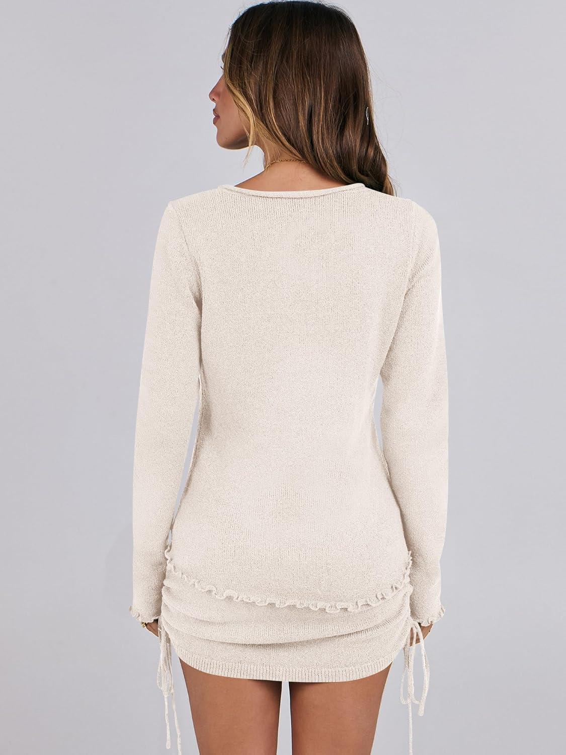 imageANRABESS Women 2 Piece Outfits Long Sleeve Sweater Top Mini Skirt Sets 2025 Fall Spring Lounge Travel Beach Clothing SetsBeige