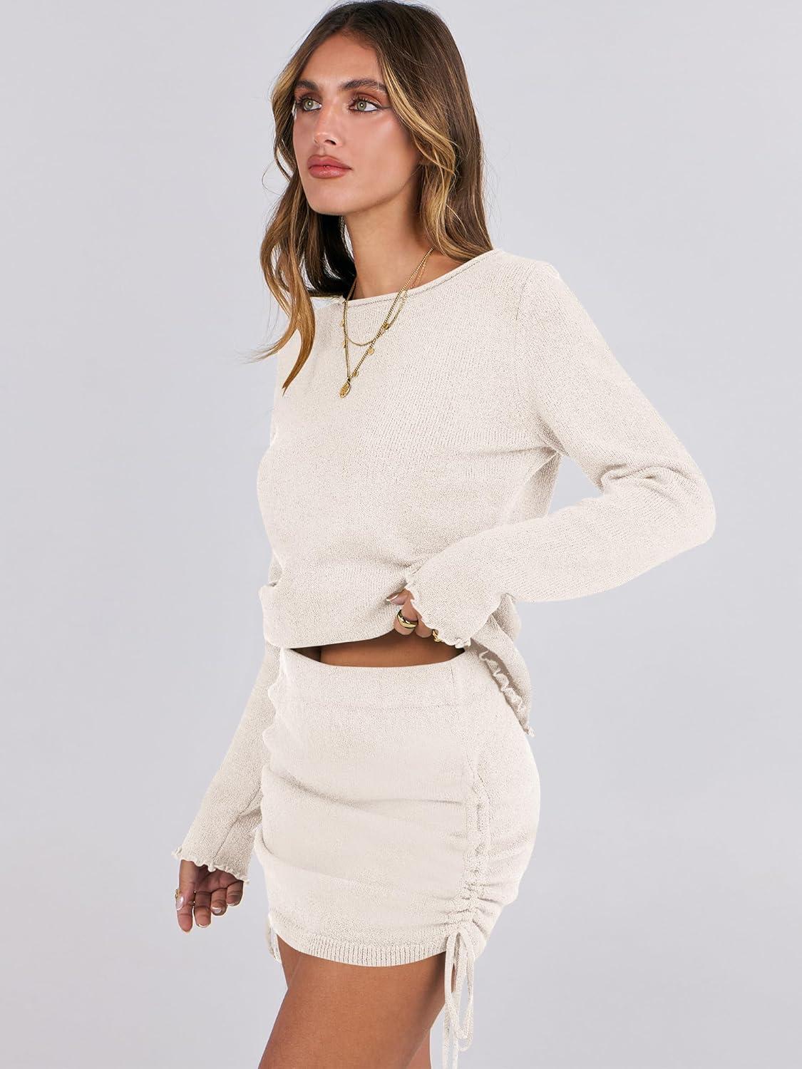 imageANRABESS Women 2 Piece Outfits Long Sleeve Sweater Top Mini Skirt Sets 2025 Fall Spring Lounge Travel Beach Clothing SetsBeige