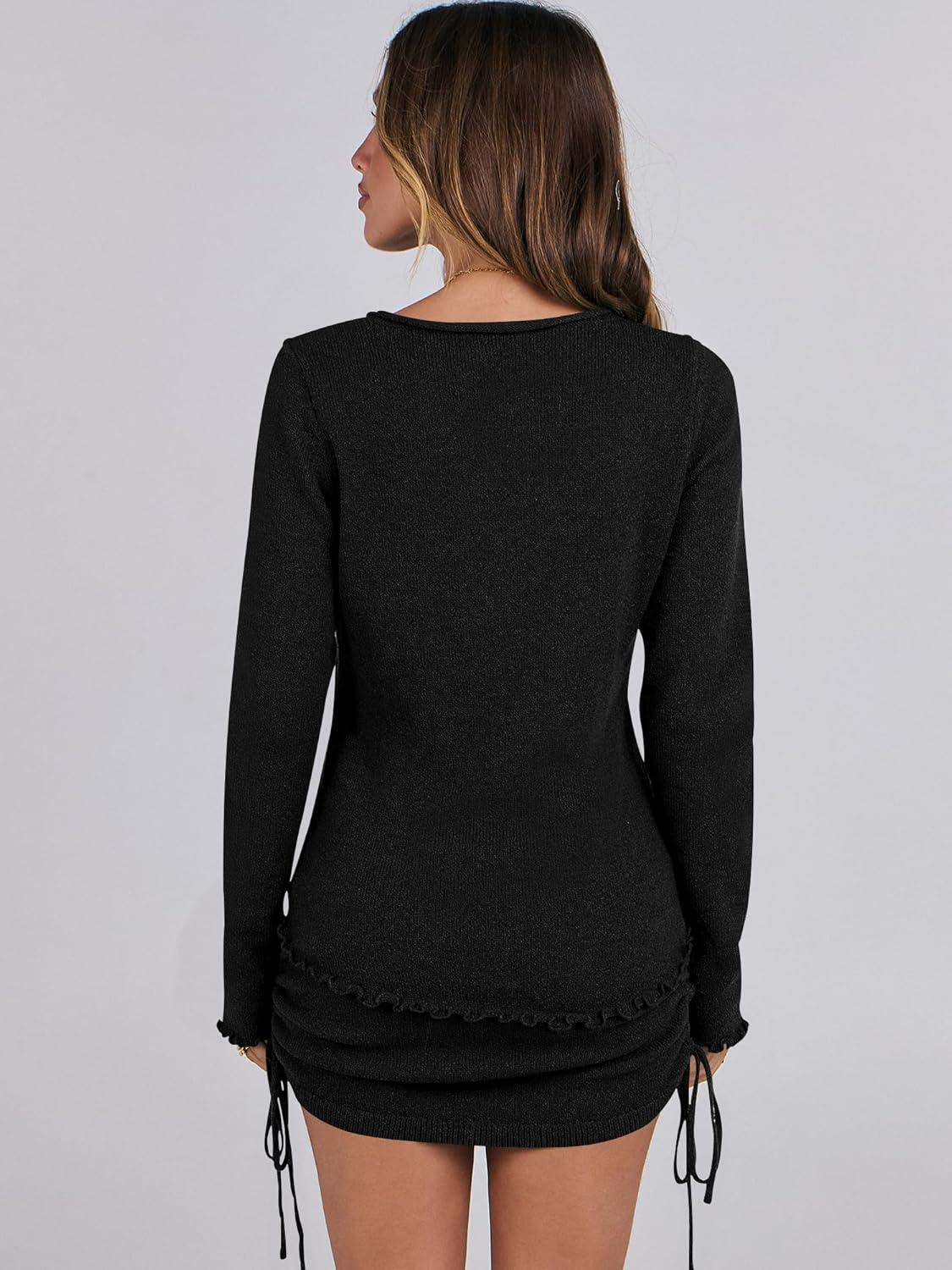 imageANRABESS Women 2 Piece Outfits Long Sleeve Sweater Top Mini Skirt Sets 2025 Fall Spring Lounge Travel Beach Clothing SetsBlack