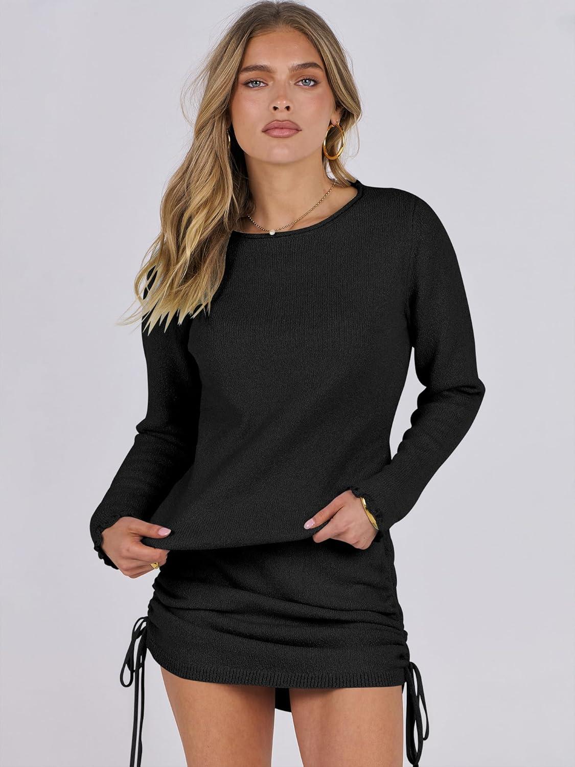 imageANRABESS Women 2 Piece Outfits Long Sleeve Sweater Top Mini Skirt Sets 2025 Fall Spring Lounge Travel Beach Clothing SetsBlack