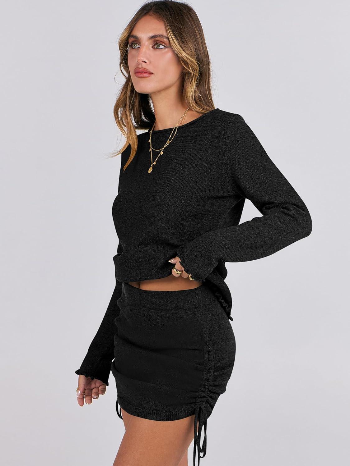 imageANRABESS Women 2 Piece Outfits Long Sleeve Sweater Top Mini Skirt Sets 2025 Fall Spring Lounge Travel Beach Clothing SetsBlack