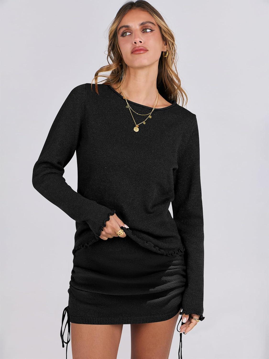 imageANRABESS Women 2 Piece Outfits Long Sleeve Sweater Top Mini Skirt Sets 2025 Fall Spring Lounge Travel Beach Clothing SetsBlack