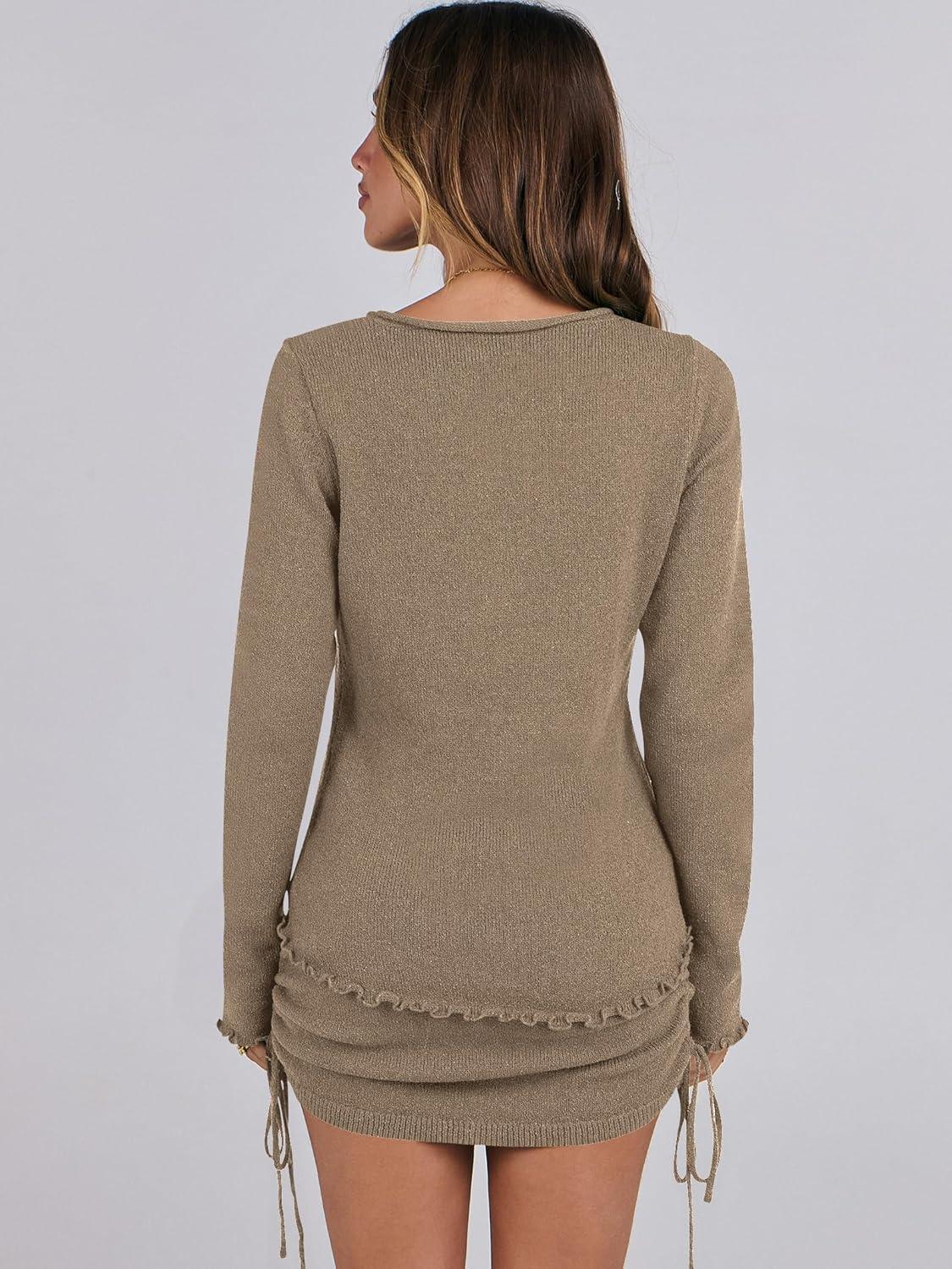 imageANRABESS Women 2 Piece Outfits Long Sleeve Sweater Top Mini Skirt Sets 2025 Fall Spring Lounge Travel Beach Clothing SetsCoffee